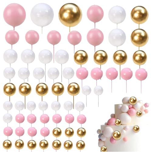 Daover 50 Pcs Balloon Cake Topper, Pink White and Gold Ball Cake Decorations, Mini Foam Balls Cupcake Topper Balloon Cake DIY Decoration for Birthday Wedding Anniversary Baby Shower