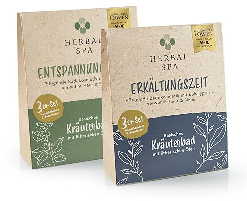 HERBAL SPA Tempo di raffreddore e relax – bagno di base alle erbe con oli essenziali, 2 x 3 cuscini per erbe aromatiche da 100 g | Cosmetici da bagno nutrienti, coccola la pelle e i sensi | Puro