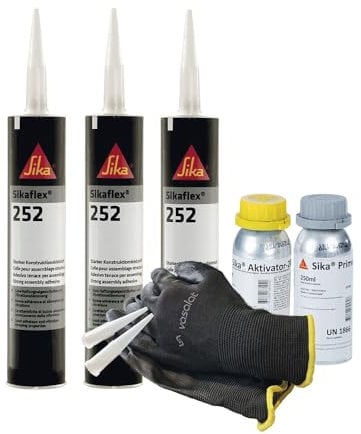 Sikaflex 252 weiß 3x 300ml Klebstoff mit Aktivator 205 und Primer 210 - zur Verklebung von Buntmetall mit 5 Düsenspitzen