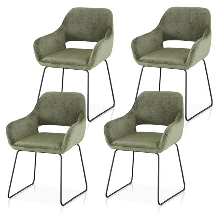 KHG 4er Set Esszimmerstuhl Polsterstuhl mit Armlehnen Grün Industrial Look - Kufenstuhl Armlehnstuhl (BHT) 56x82x59 cm - Kuschelweicher Boucléstoff perfekt für Esszimmer Küche Büro
