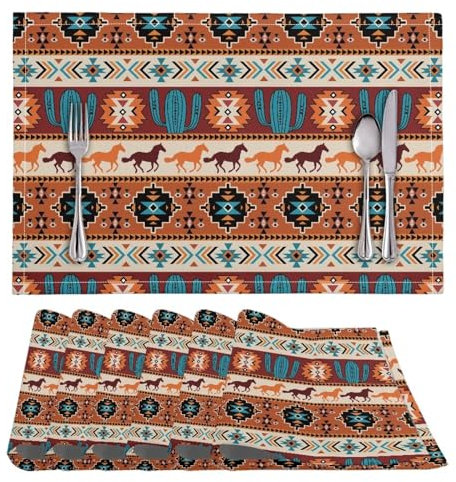 ZFRXIGN Platzdeckchen mit Western-Aztekenpferd, 6er Set, für Esstisch, waschbar, Stoff-Platzsets für Esstisch-Matten, Azteken-Dekorationen, Kaktus, Navajo