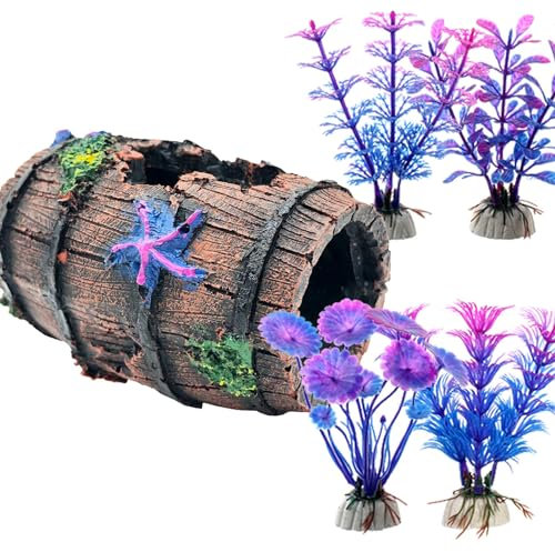 Faeshoo Décoration d'aquarium Betta Accessoires pour aquarium, 1 tonneau d'étoile de mer, plantes aquatiques x 4 pièces