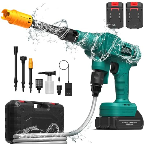 Geevorks Cordless Pressure Washer, Portable High-Pressure Washer 900PSI 62BAR with 2 x 2.0Ah Battery, 6 In 1 Nozzle, 5M Hose for Patio Cleaning and Car Washing