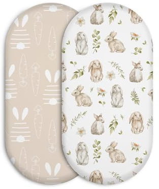 Soarwg Kids Moses Basket Crib Fitted Sheets, 2-Pack, Oeko-Tex | Rabbit design. Soft cozy lightweight. Fits oval, hourglass & rect. bassinets. Oeko-Tex.
