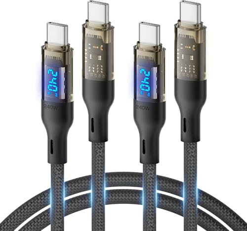 SOOPII 240W USB C to USB C Cable[4ft 2-Pack],Fast Charging USB C Cable with LED Display for Galaxy S24/S23Ultra/S22Ultra,MacBook Pro,lPhone16/15/15Pro/15ProMax,etc,Transparent Shell,(Black)
