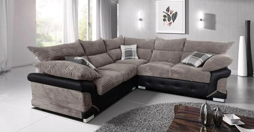 RestNest Logan Sofa | Large 5 Seater Corner Suite L Shape | Beige Brown Jumbo Cord Faux Leather Settee | Reinforced Wooden Frame Structure