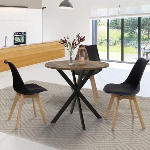 IDMarket - Esstisch, rund, Alix, 4 Personen, Spidenfuß, schwarz und Tischplatte aus dunklem Holz, 80 cm