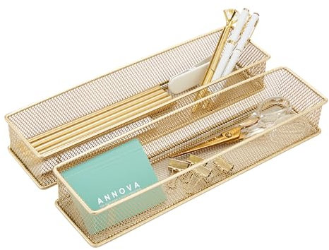 Annova Netz-Schubladenschrank und Regal, Organizer, Aufbewahrungskorb, für Schule, Büro, Zubehör, 2 Stück (Gold, 30x7.5x5cm)