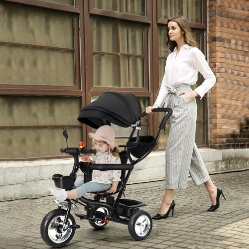 OHMG Kinderkraft 3-in-1-Kinderrad, mitwachsend, Laufrad, skalierbar, Baby-Trike, mit faltbarer Sonnenblende und abnehmbaren Pedalen (schwarz - 1)