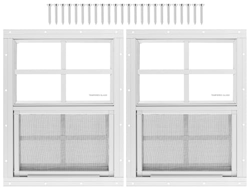 2 Stück Schuppenfenster, 30,5 x 40,6 cm (B x H), Weiß, bündig montiertes Fenster mit gehärtetem Glas und abnehmbarem Fliegengitter für Spielhäuser, Schuppen, Garage und Hühnerställe