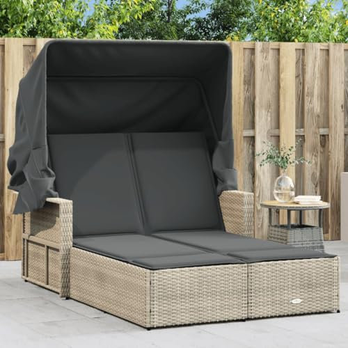 CIADAZ Doppel-Sonnenliege mit Dach und Auflagen Hellgrau Poly Rattan, Gartenliege, Liegestuhl, Sonnenstuhl, Sonneninsel Outdoor, Liegen, Gartenmöbel, Bäderliege, Relaxliege - 365812