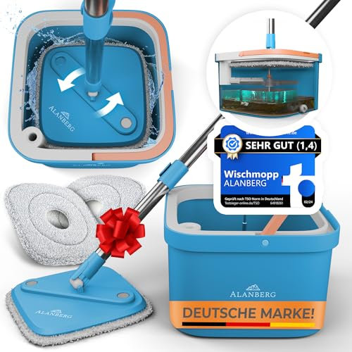 ALANBERG® Wischmopp Set mit Eimer, 2-Kammer-System Trennung von Schmutz- und Frischwasser, selbst-auswringend mit 160 cm Teleskopstange&2 Mikrofaser-Pads, geeignet für alle Böden, platzsparend, Blau