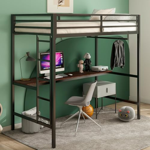 Twin Size Loft Bed with Desk and Closet Rod for Kids,Heavy Duty Loft Bed Frame with Safety Guardrail, Loft Metal Bunk Bed Twin Size, Space-Saving, Noise Free,Black
