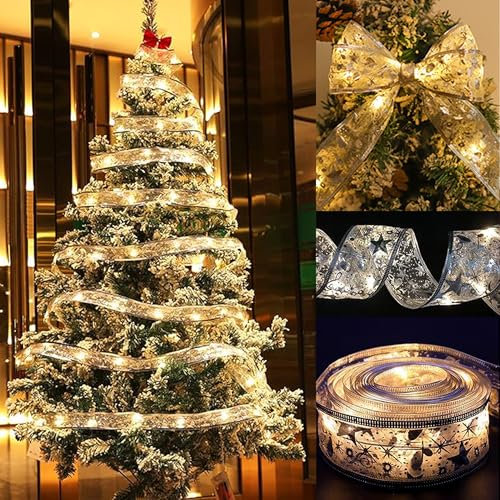 UAVAUI Christmas Tree Ribbon String Light, 16ft 50 LED Lights Copper Wire Ribbon Bows Lights, for Bedroom Party Christmas Tree Decorations Wedding Birthday Party Home Holiday Decor (Silve)