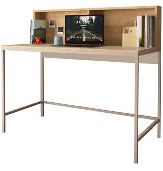 Bimossa, 110cm Wide Desk, Stylish Home Office Writing Desk with Raised Block Shelf and Note Board, Metal Legs, Perfect for Students and Professionals, Light Grey, Olivia