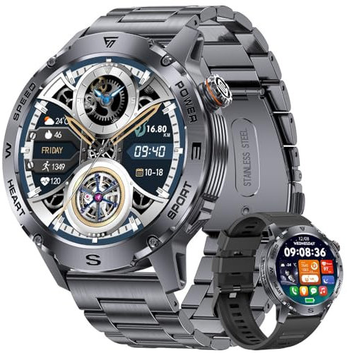 LIGE Militär Smartwatch Herren,1.43 HD AMOLED Smartwatch mit Telefonfunktion,Fitnessuhr mit 120+ Sportmodi,24/7 Herzfrequenz/Schlafmonitor,5ATM wasserdicht sportuhr für iOS/Android, 460mAh Batterie