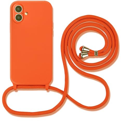 Hadwii Collier Coque pour iPhone 16 avec Cordon Silicone Housse Réglable Lanyard Étui Portable Case Doublure Microfibre Anti-Rayures Protection Complète Cover de iPhone 16, Orange