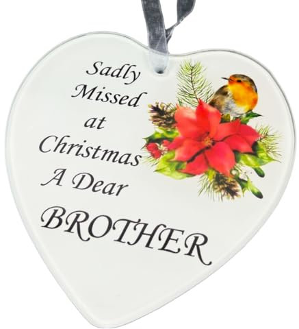 Angraves Dear Brother Christmas Robin Memorial Tree Hanger Hanging Decoration Glass Love Heart Gift Plaque Memento Tribute Poinsettia Flower