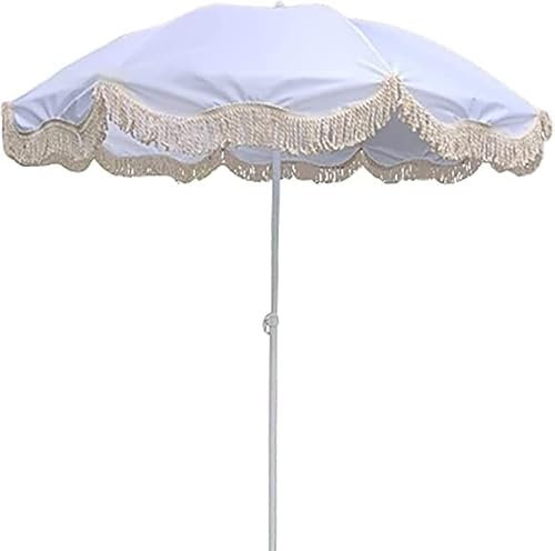 Parapluie de jardin à franges de luxe avec protection UV50+, design rétro, surface en polyester durable, 2 m, parasol de plage, blanc