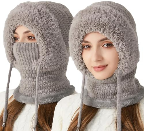 Cagoule d'hiver 3 en 1 pour femme – Bonnet tricoté thermique avec couvre-visage et cache-cou, coupe-vent pour temps froid, chapeau de ski doublé en polaire pour activités de plein air