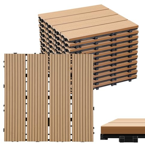 Eulenke WPC Terrassenfliesen 55 Stück, 30x30 cm Terrassendielen für Balkon Boden, Klickfliesen, Balkonfliesen in Holzoptik, Bodenbelag Wetterfest für Terrasse, für 5 m², Teak