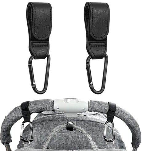 2 Pack Pram Hooks - PU Leather Pram Clips - Suitable for Backpacks, Diaper Bags, Shopping Bags - Pram Bag Clips for Strollers - Ideal for Outdoor Use(Black)