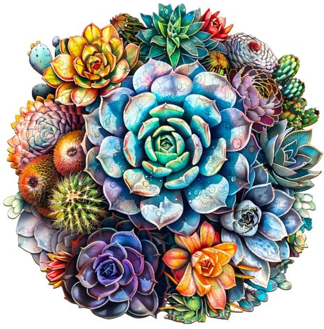 Jigfoxy Wooden Jigsaw Puzzles for Adults, Succulent Wooden Puzzle 300pcs, Unique Plants Shape Wood Puzzles, for Family Friend with wooden box(13.4 * 13.4in)