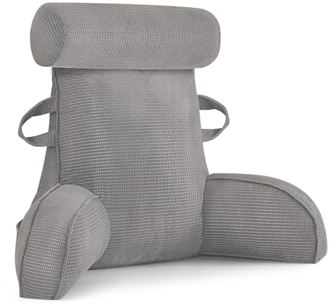 MINGPINHUIUS Rückenkissen, Lesekissen für Bett und Sofa mit Abnehmbarer Nackenrolle, Groß Rückenkissen mit Armlehne, Ideal als Rückenstütze zum Lesen, Fernsehen, Faulenzen, Arbeiten, Spielen (Grau)