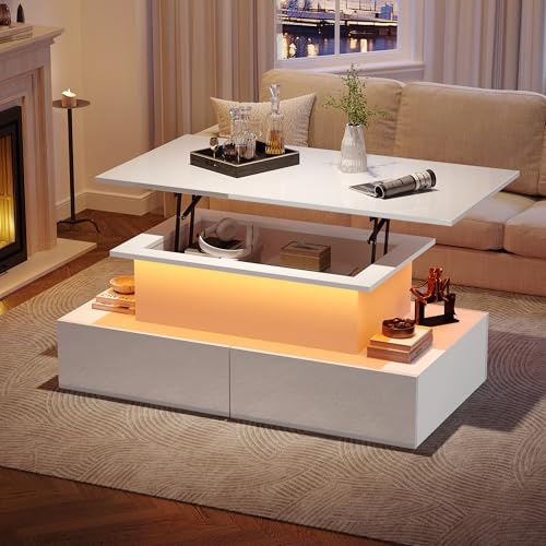 ModernLuxe LED High Gloss Lift Top Coffee Table with Storage, 1 Open Storage Space, 1 Hidden Storage Space and 4 Big Drawers, Rectangle Wooden Side Table for Living Room, White, 90x55x42.5cm