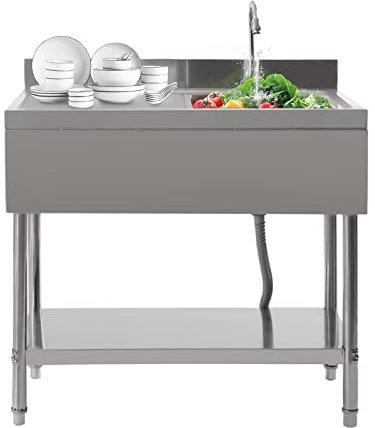 HUSPOO Évier commercial en acier inoxydable - 1 bac - 100 x 60 x 80 cm - Avec robinet, évier 40 x 41 cm et protection anti-éclaboussures pour restaurant, buanderie (charge de 300 kg)