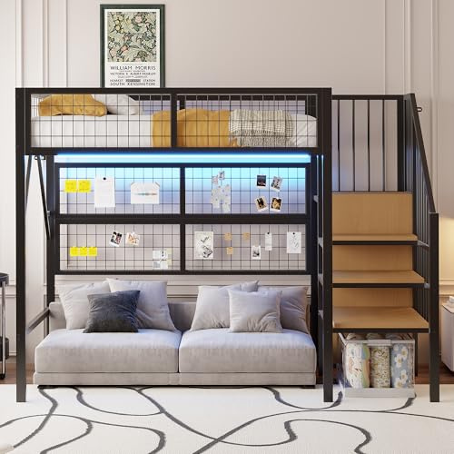 LANTRO JS Hochbett 90x200 Metall, mit Leiter-Aufbewahrung und offenem Schrank Stauraum unter dem Bett, mit Led Band, Schwarz (ohne Matratze)