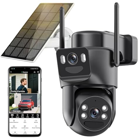 4K Camera Surveillance WiFi Exterieure sans Fil,Camera Solaire/Batterie/Double Objectif,caméras de surveillance Audio Bidirectionnel,360°PTZ Sécurité à Domicile,Suivi Automatique,Vision Vocturne
