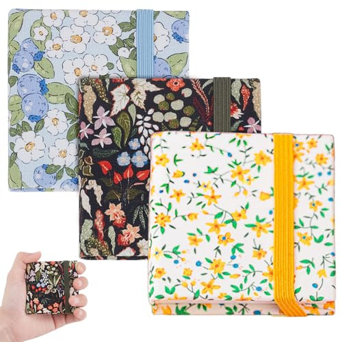 PLIGREAT 3 Pcs Mini Watercolor Sketchbook, 6×6cm Portable Fabric Cover Floral Sketch Book Small Square Watercolor Journal Textured Drawing Papers Travel Art Sketch Book, 3 Styles