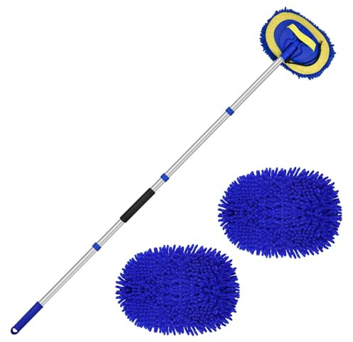 Ravytha Bleu Brosse Nettoyage Voiture, Brosse Lavage Voiture Télescopique avec 2 Tête de Remplacement, Nettoyage Pare Brise Intérieur, Balai Nettoyage Pinceaux Kit pour Véhicule Caravane(157cm)