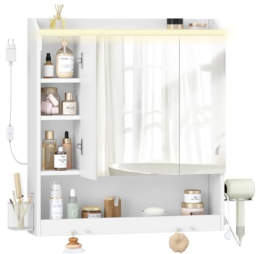 HEXCELEN 70 cm Spiegelschrank Bad, Badezimmerschrank mit Spiegel, Haken | Wandschrank mit 3 Türen, Verstellbarer Etagen, für Badezimmer, 15 x 70 x 78,8 cm, Weiß
