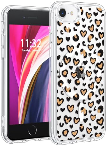 Jkvare for iPhone SE/8/7 Case, Crystal Clear Aesthetic Pattern Wireless Magnetic Protective Phone Cover for Women Girls - Leopard Hearts