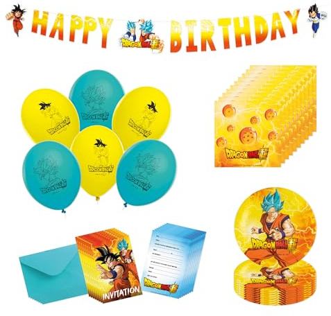 Chaks - Dragon Ball Partyset Kinder, Party Zubehör | Offizielles Dragon Ball Party Deko Set mit Tellern, Servietten, Luftballons, Einladungen und Girlande