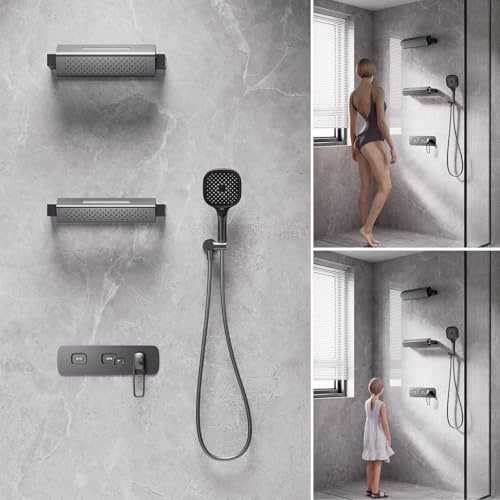 BEITH Duschsystem Wandmontage, 2026 Innovativer 360° Drehbarer 4 Strahlarten Regendusche mit Armatur, Doppelt 350x90mm Duschamaturenset, 3 Klaviertasten-Design, Mischventil aus Kupfer (59A)
