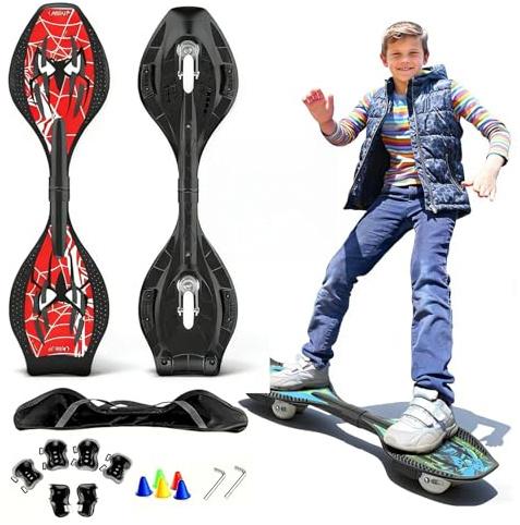 ZQHQKJ Waveboard für Kinder und Erwachsene - Snakeboard mit LED Leuchtrollen Bremssystem, bis 129kg, Alu-Rahmen, 360° Drehbar, inkl. Schutzset Tasche für Straße Skatepark,Rot