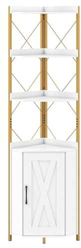 GIANTEX Eckregal Stehend mit Schrank & 6 Ebenen, 180 cm Hoher Eckschrank mit 5-stufig Verstellbarem Regal, Freistehende Eckvitrine mit Tür, Aufbewahrungsregal Industrial (Weiß)