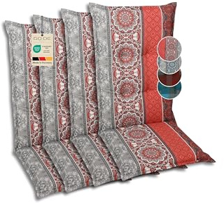 GO-DE Textil Bequeme und attraktive Polsterauflagen für Hochlehner-Gartenstühle (4er-Set, Ornamentstreifen rot, Hochlehner)