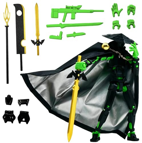 WANGHONGGOGO T13 Actionfigur, 3D gedrucktes Actionfiguren Set, mehrgelenkiges Actionfiguren Geschenk mit 7 coolen Waffen und 4 Händen und Teenager Glücksgeschenk Desktop Ornament (Schwarz-grün)