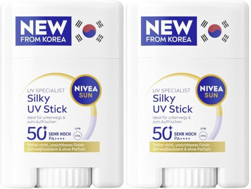 NIVEA SUN UV Stick LSF 50+ (15 g), ultraleichter Sonnenschutz für das Gesicht, Sonnencreme Applikator mit koreanischer Stick Technologie, Breathable UV Specialist Silky (15 g) (Packung mit 2)
