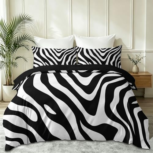 Moderne Geometrie Bettwäsche 240 x 220 cm, Zebramuster Streifen 3 teilig Weiche, Microfaser Bettwäsche, Deckenbezug mit Reißverschluss und Kissenbezüge, Schwarz