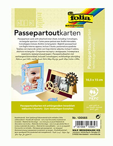folia 130565 - Passepartouts mit rechteckiger Stanzung, ca. 10,5 x 15 cm, 5 Karten (220 g/qm) und Kuverts, gold - ideal für Einladungen, Glückwunsch- oder Grußkarten