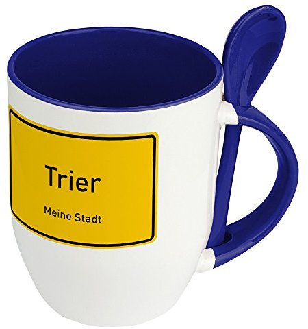 Städtetasse Trier - Löffel-Tasse mit Motiv Ortsschild - Becher, Kaffeetasse, Kaffeebecher, Mug - Blau