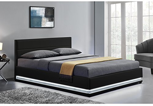 CONCEPT USINE | Lit Double New York 160 x 200 cm en Simili Noir avec LED Intégrées et Coffre de Rangement Pratique | Cadre Design avec Sommier à Lattes 2 Personnes | Style Moderne et Élégant