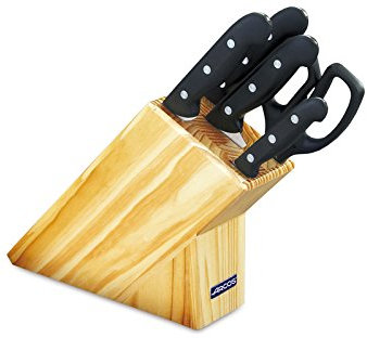 Arcos Series Maitre - Juego de Cuchillos 5 Piezas (4 Cuchillos + 1 Tijeras) - Hoja de Acero Inoxidable Nitrum - Mango de Polipropileno - Bloque de Madera de Color marrón