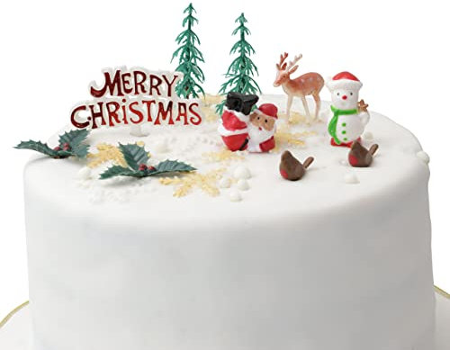 Merry Christmas Cake Decoration (10 pc Sets) Yule Cupcake Toppers Santa Snowmen Merry Christmas Sign (Set of 10)