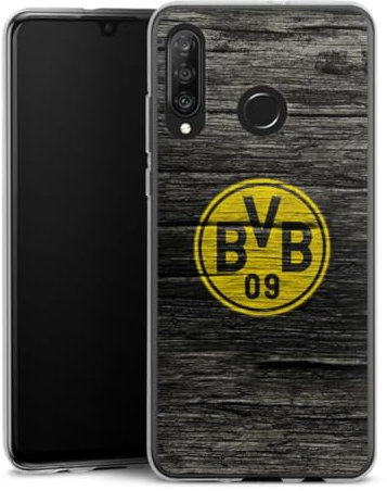 Silikon Hülle kompatibel mit Huawei P30 Lite Case transparent Handyhülle Borussia Dortmund BVB Holzoptik